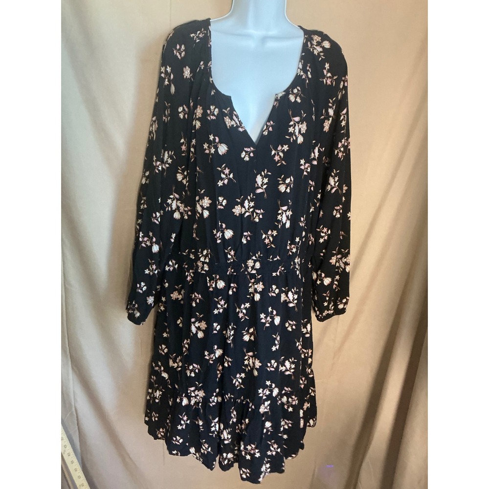 Old Navy Floral Fit & Flare Dress Womens XXL Tall Black Excellent Long Sleeve